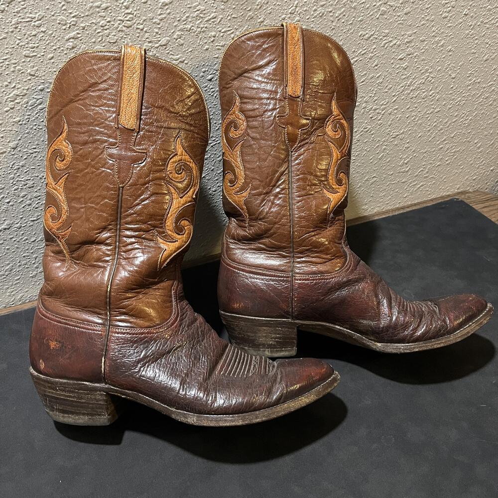 Vintage Lucchese Cowboy Boots Men Size 10.5 D Brown Leather Western Made in USA